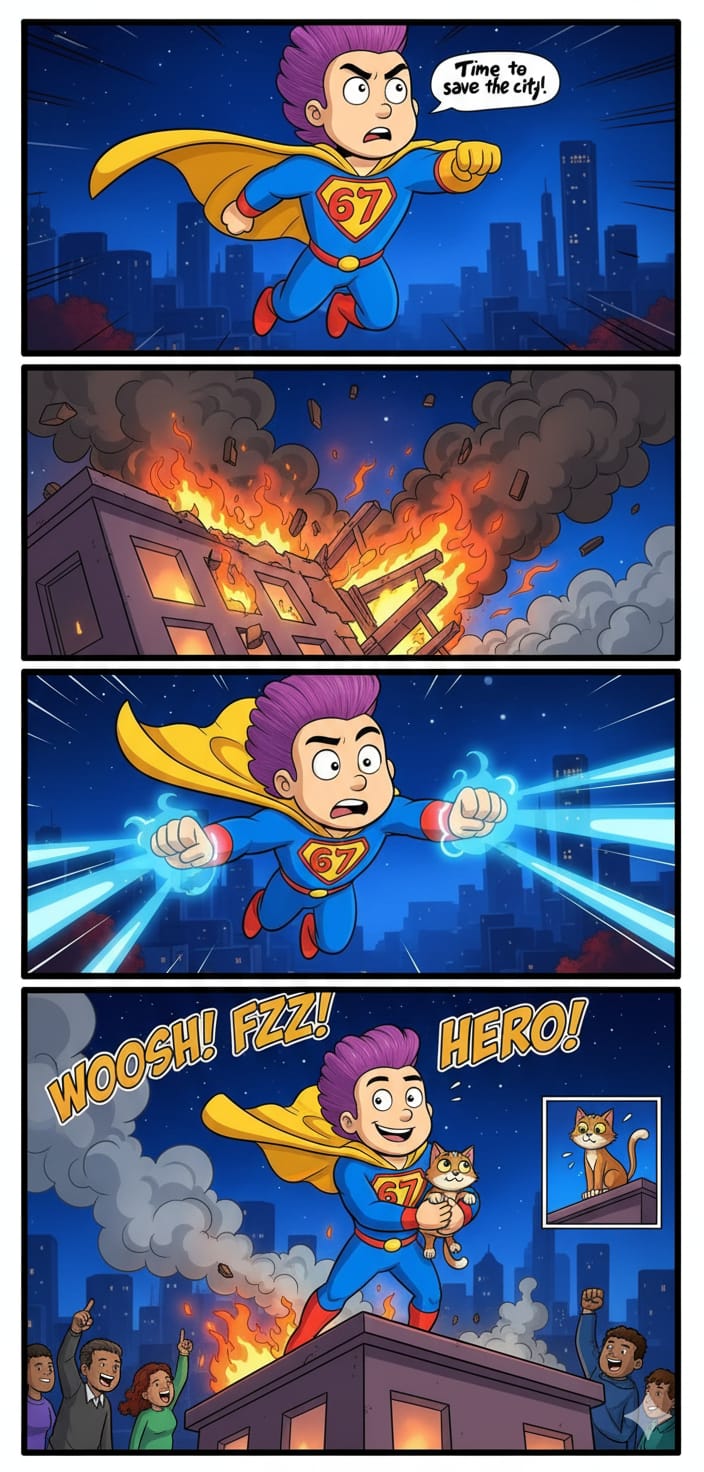 Comic strip of a superhero saving the city with a burning building in the background